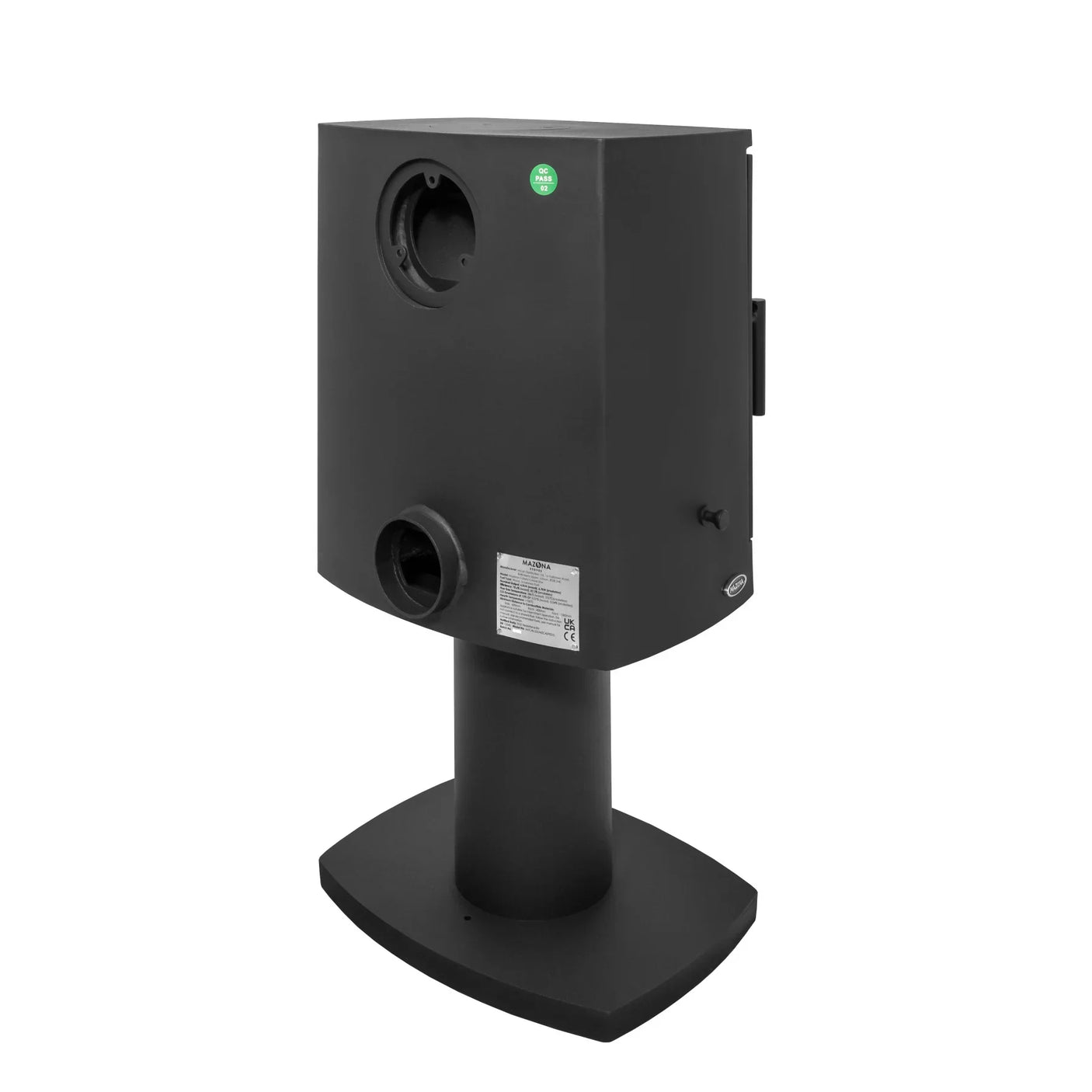 Black freestanding electric stove heater rear view with vents, cord holder, and base