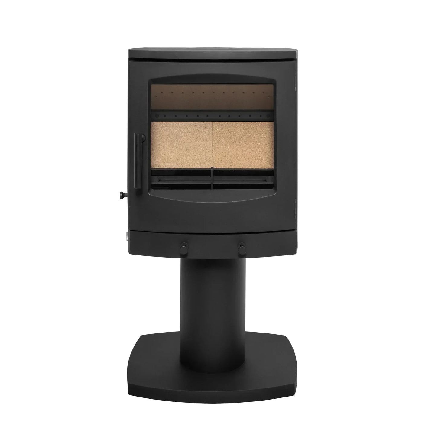 Black freestanding wood burning stove with glass front and pedestal base