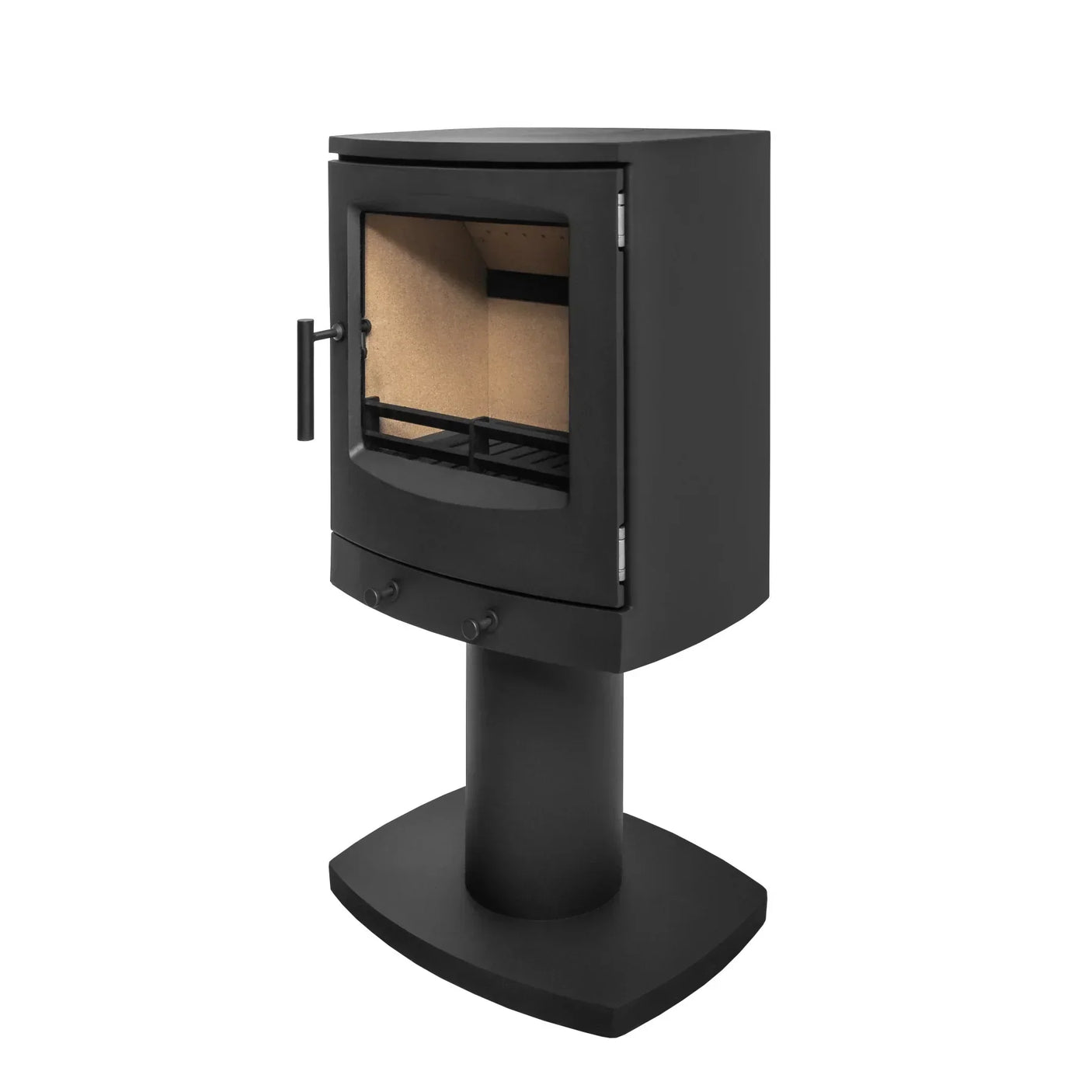 Black freestanding wood burning stove with glass door and pedestal base, angled view