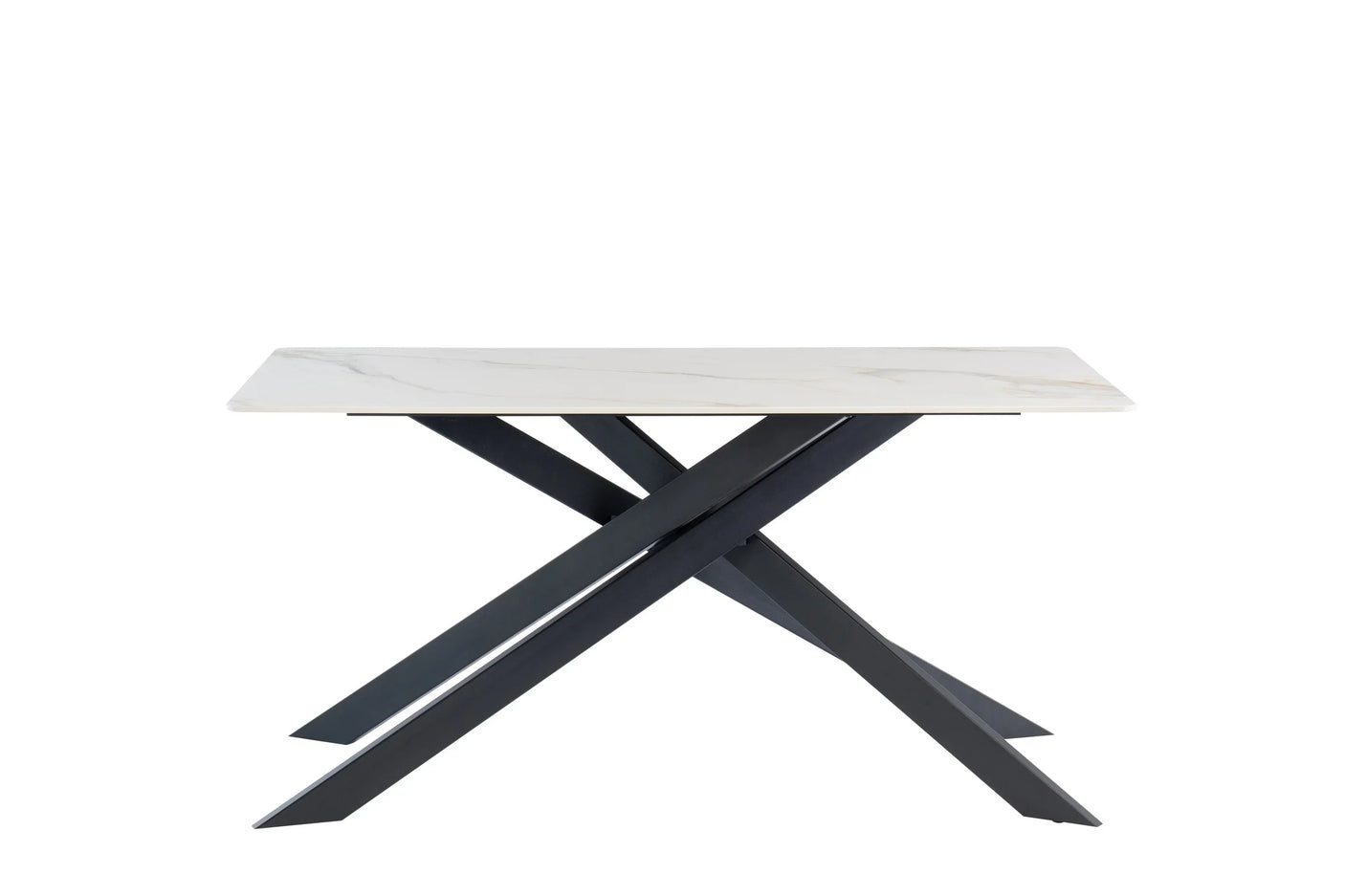 Rectangular dining table with white marble top and black crossed metal legs, front view
