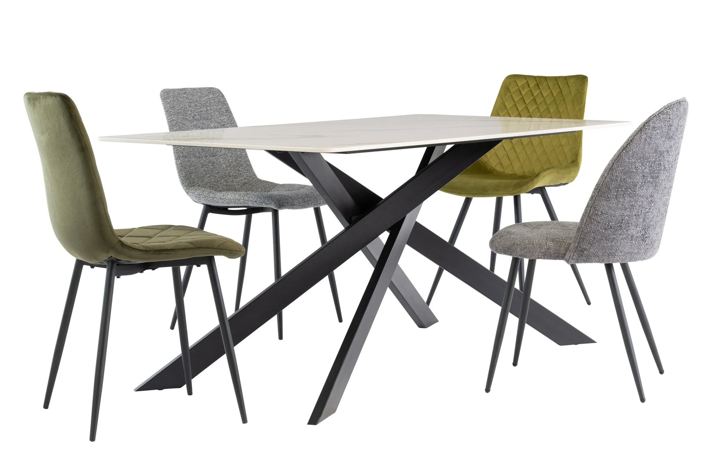 Modern dining table with black crossed metal legs and four fabric upholstered chairs