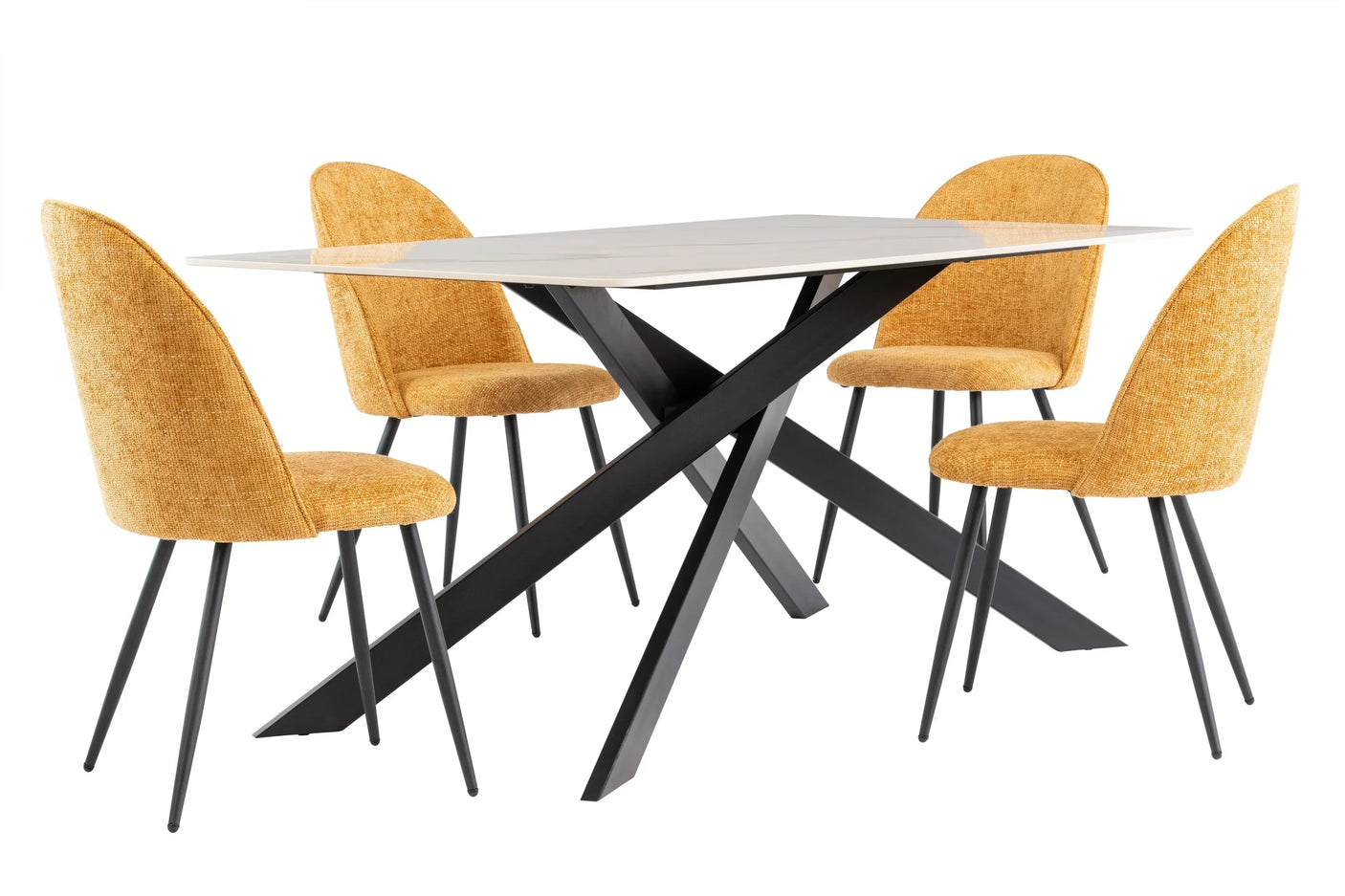 Modern dining table with white top and black metal legs, surrounded by four yellow fabric chairs
