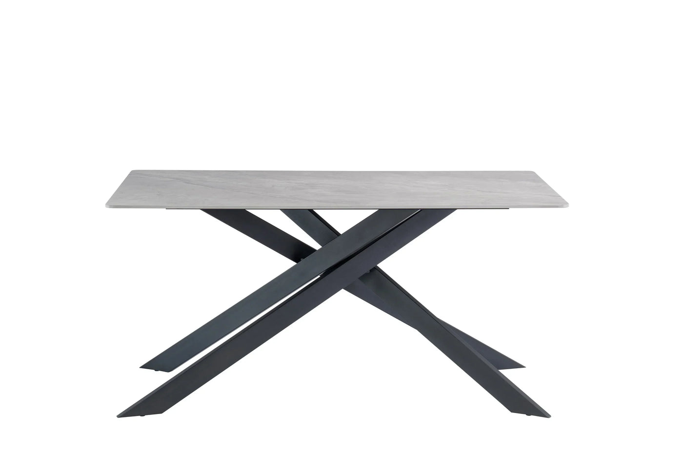 Rectangular dining table with grey marble top and crossed black metal legs