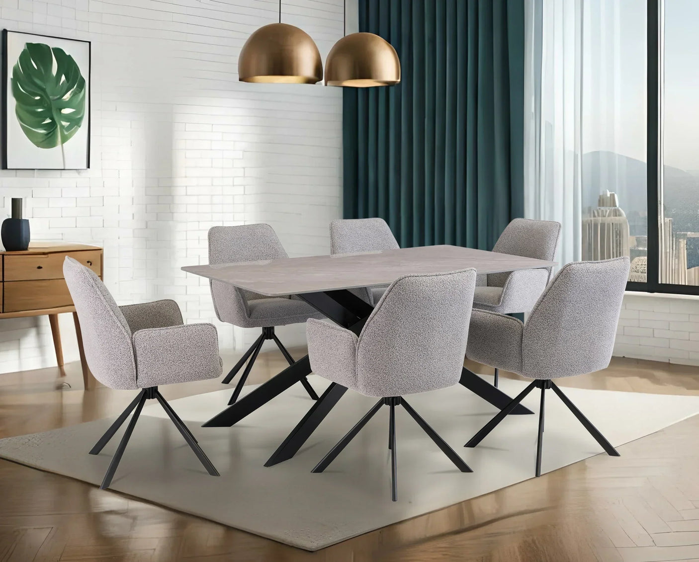 Modern dining table with six grey swivel chairs and black metal legs on a neutral rug