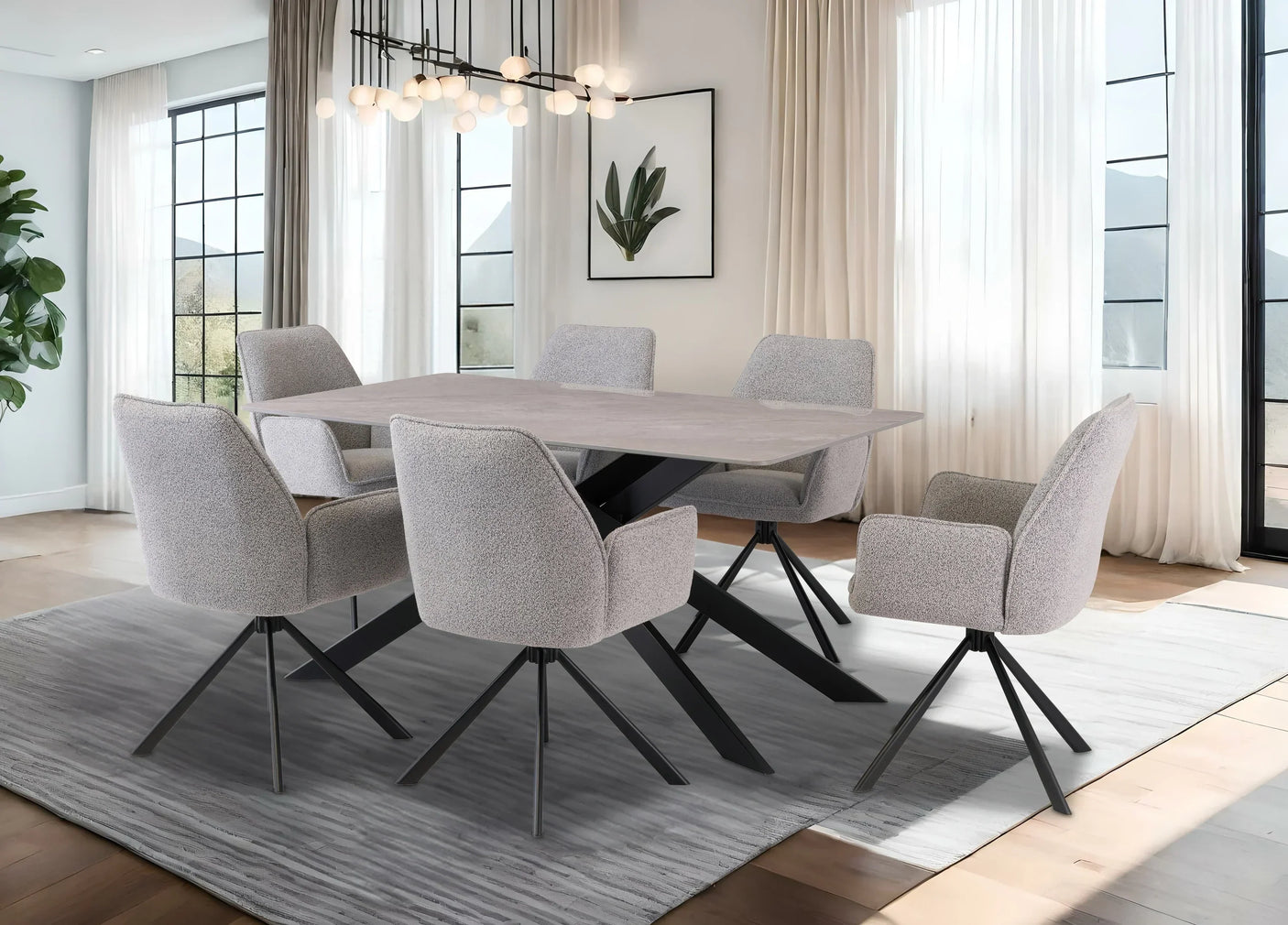 Modern grey dining table set with six upholstered chairs on a light rug in a bright room