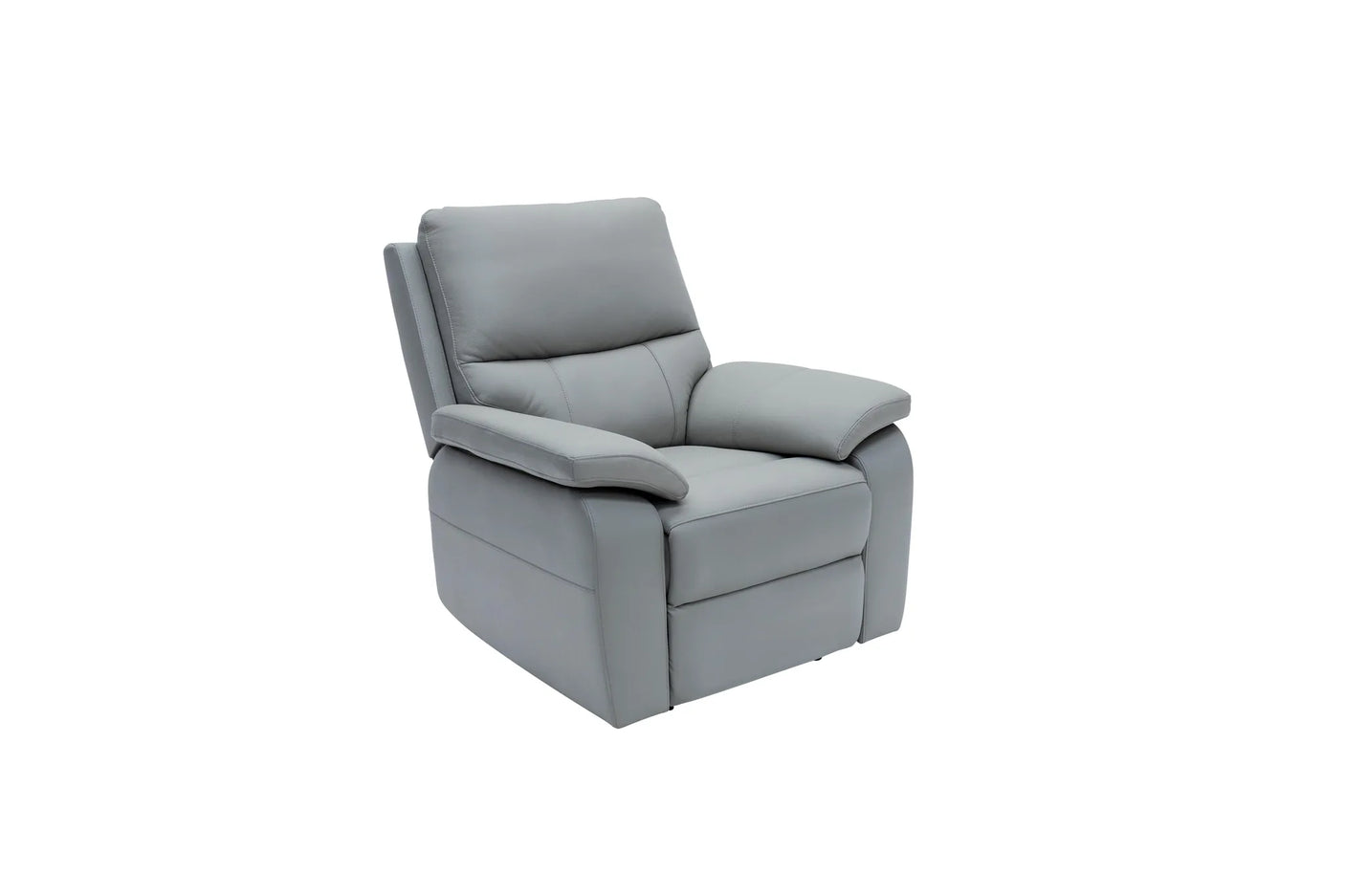 A modern gray upholstered recliner chair with a high back and padded armrests, shown at a three-quarter angle on a plain white background.