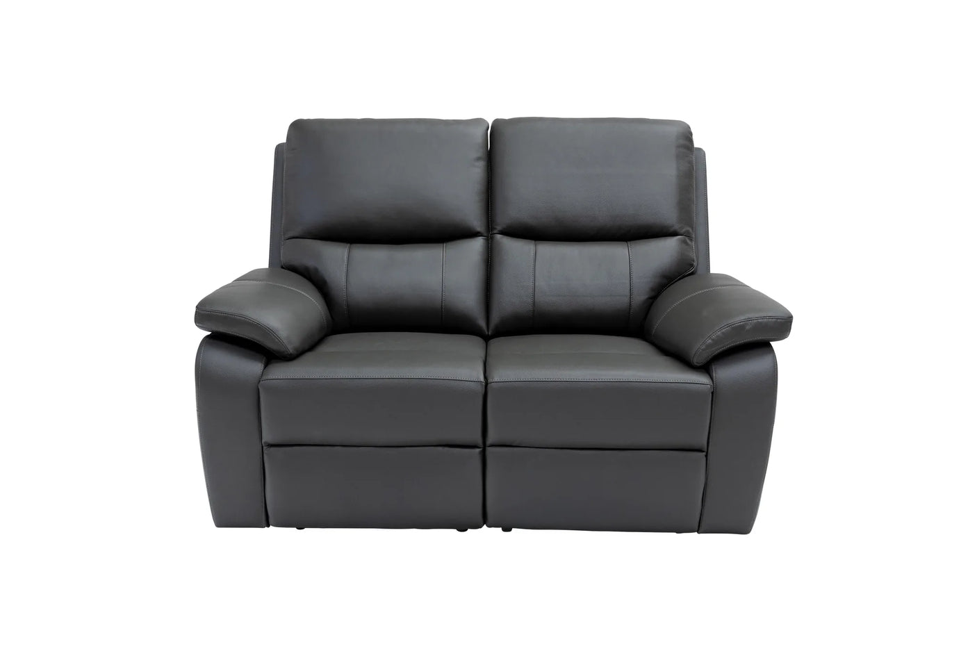 A modern two-seater power reclining loveseat in black faux leather, shown from a front-facing perspective against a plain white background.