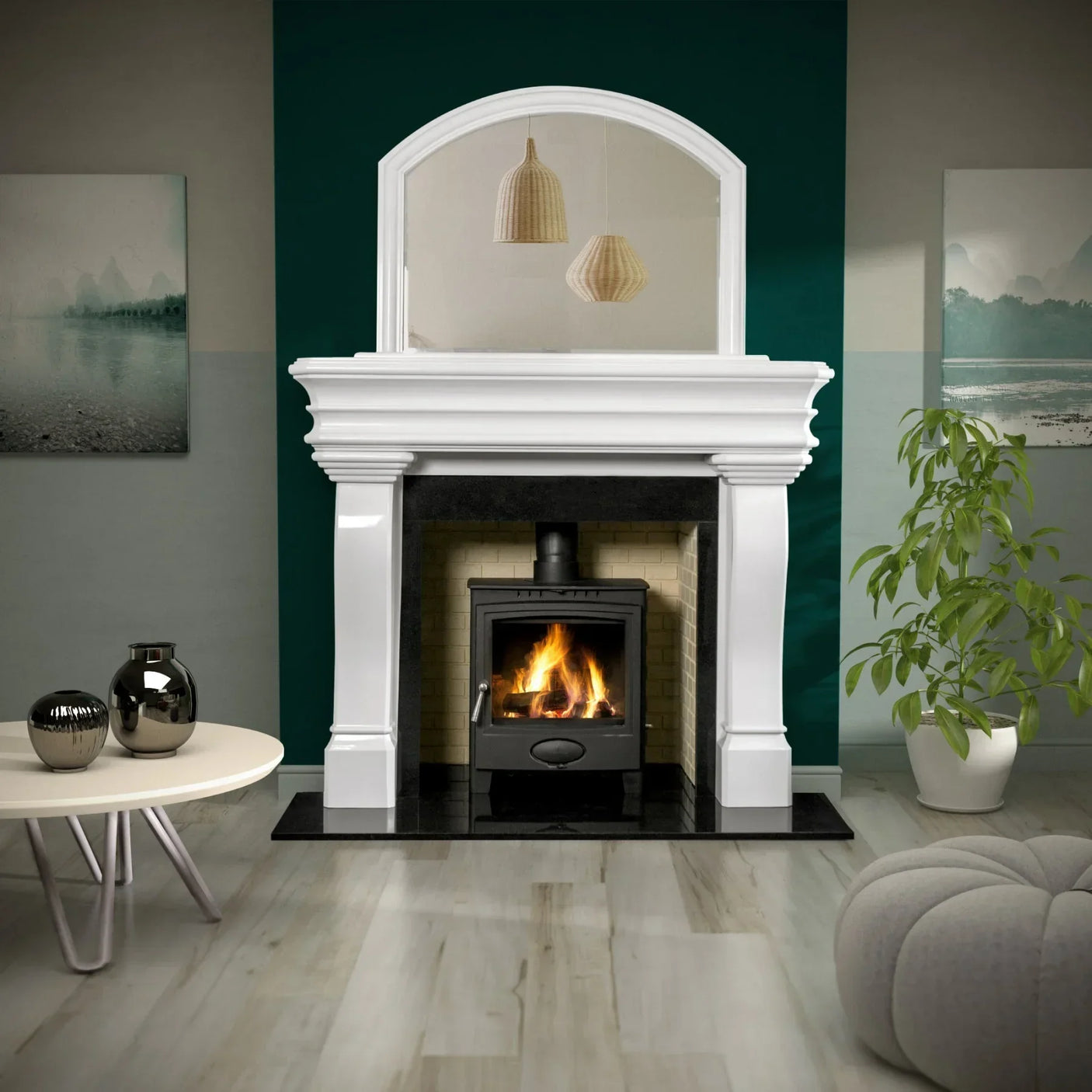 Carlingford polished polar white fireplace surround with black hearth and stove in modern room