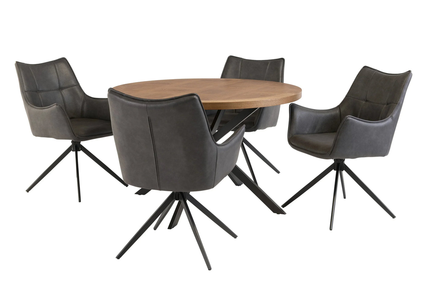 Round wood dining table with four charcoal swivel dining chairs and black metal legs