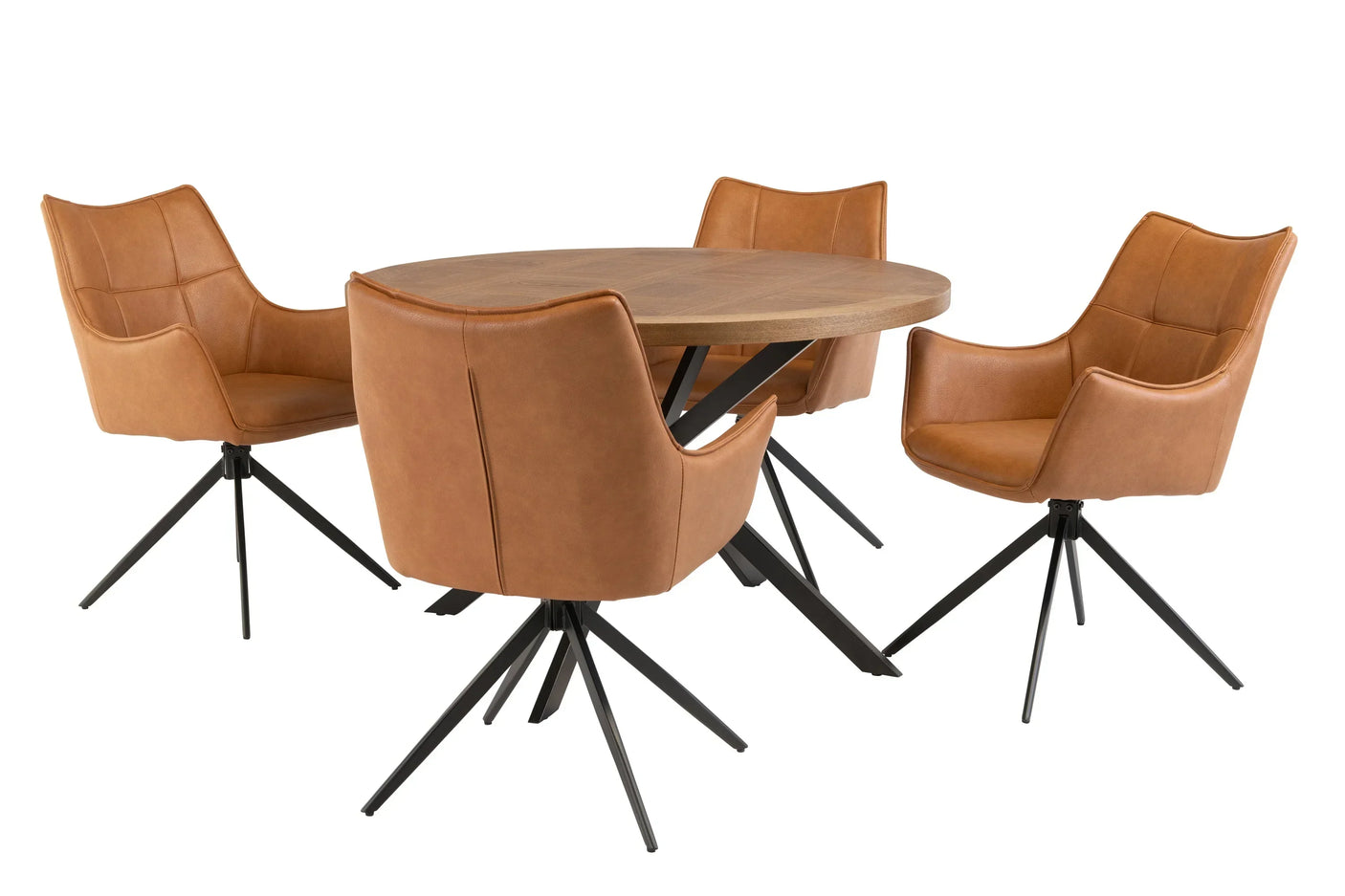 Round wooden dining table with four tan leather chairs on black metal legs