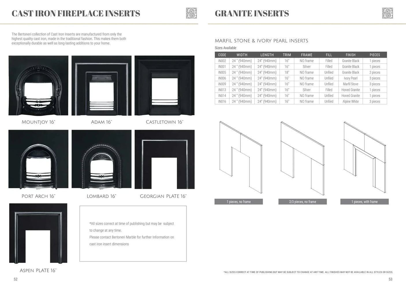 Black cast iron fireplace inserts in various styles, including arched and rectangular designs