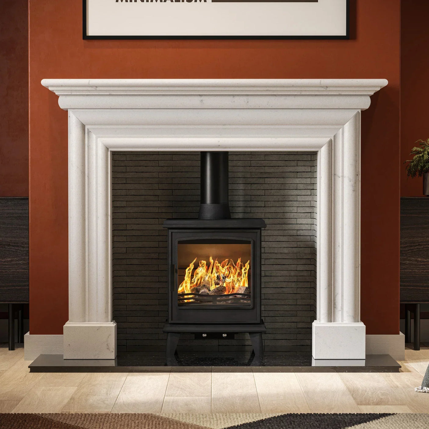 White stone fireplace with black wood burning stove and fire against a red feature wall
