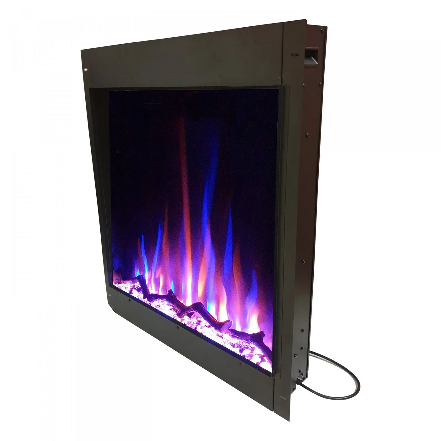Electric fire with color-changing LED flames, angled side view, glass front and metal frame