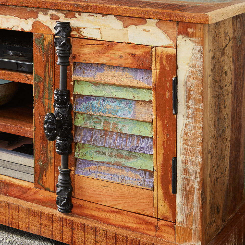 Coastal TV cabinet made from reclaimed wood, fully assembled and eco-friendly