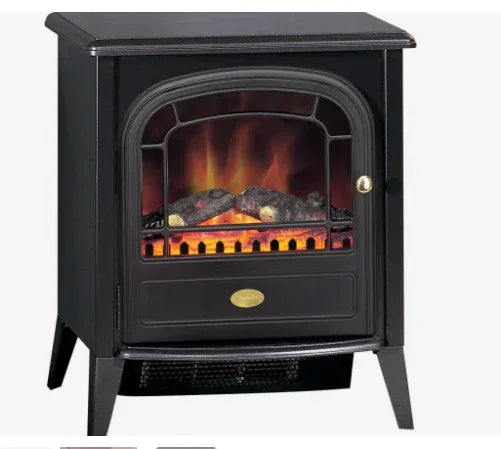 Black electric stove heater with realistic flame effect and metal legs, front view