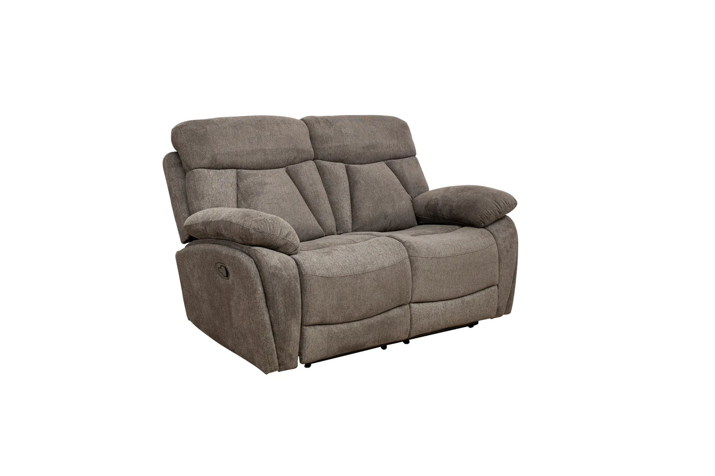 A two-seater power reclining loveseat in a textured taupe gray fabric, shown from a three-quarter angle on a plain white background.