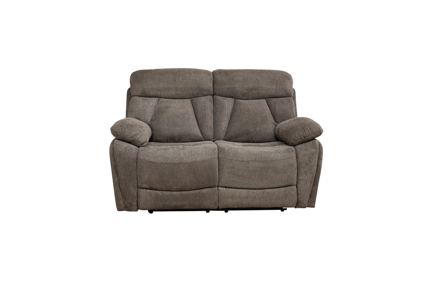 A two-seater power reclining loveseat in a textured taupe gray fabric, shown from the front against a plain white background.