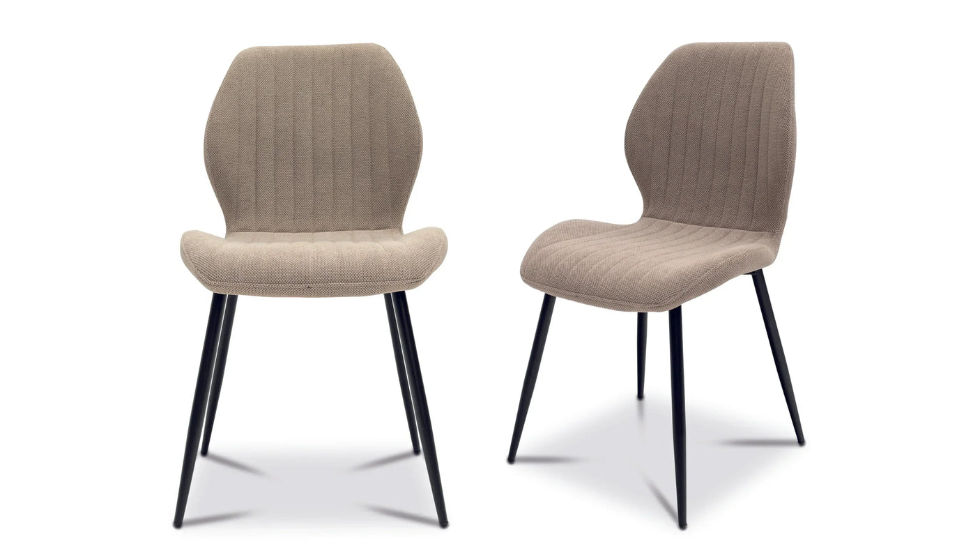 Beige fabric dining chairs with black metal legs, shown from front and angled side view