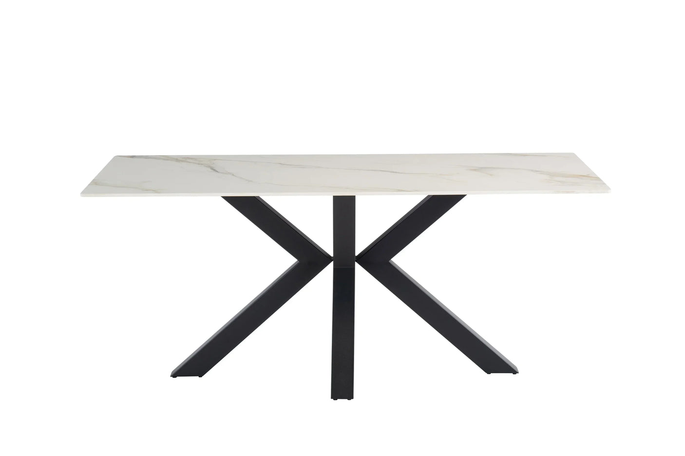 Rectangular marble dining table with black metal cross legs