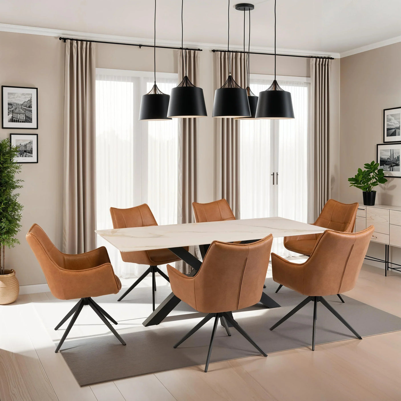 Tan faux leather dining chairs with black legs around rectangular dining table in modern room