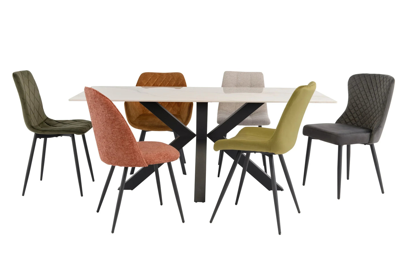 Modern dining table with black metal legs and six mixed color fabric dining chairs