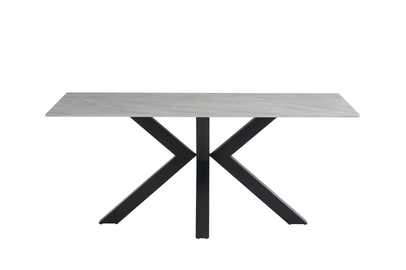 Rectangular dining table with marble effect top and black metal cross base, front view