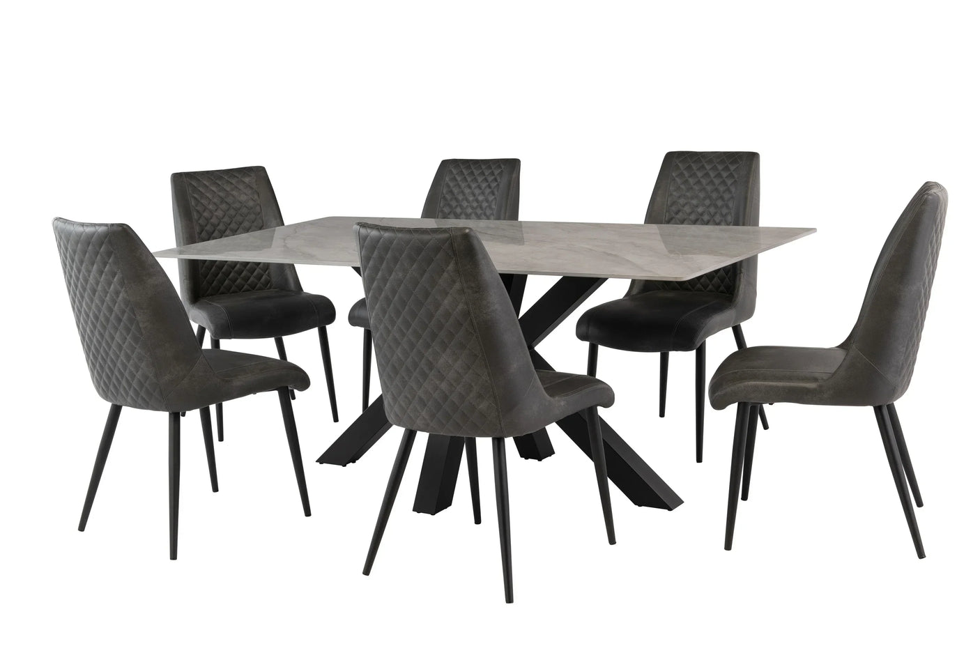 Modern marble dining table with black legs and six grey quilted dining chairs