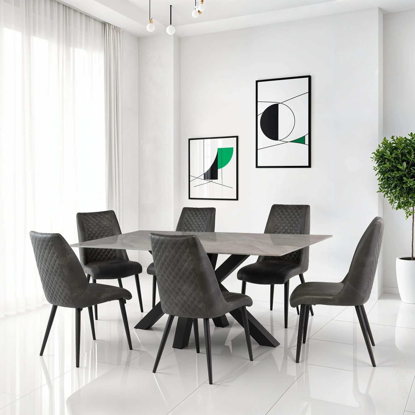 Modern dining table with grey quilted chairs in a bright room with white tile floor