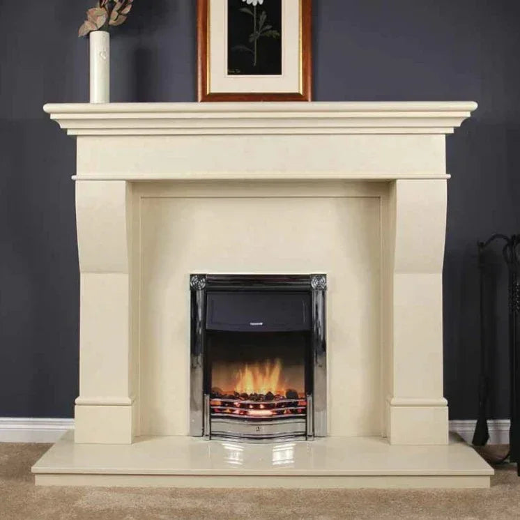 Cream marble fireplace with modern electric fire and chrome trim in living room setting