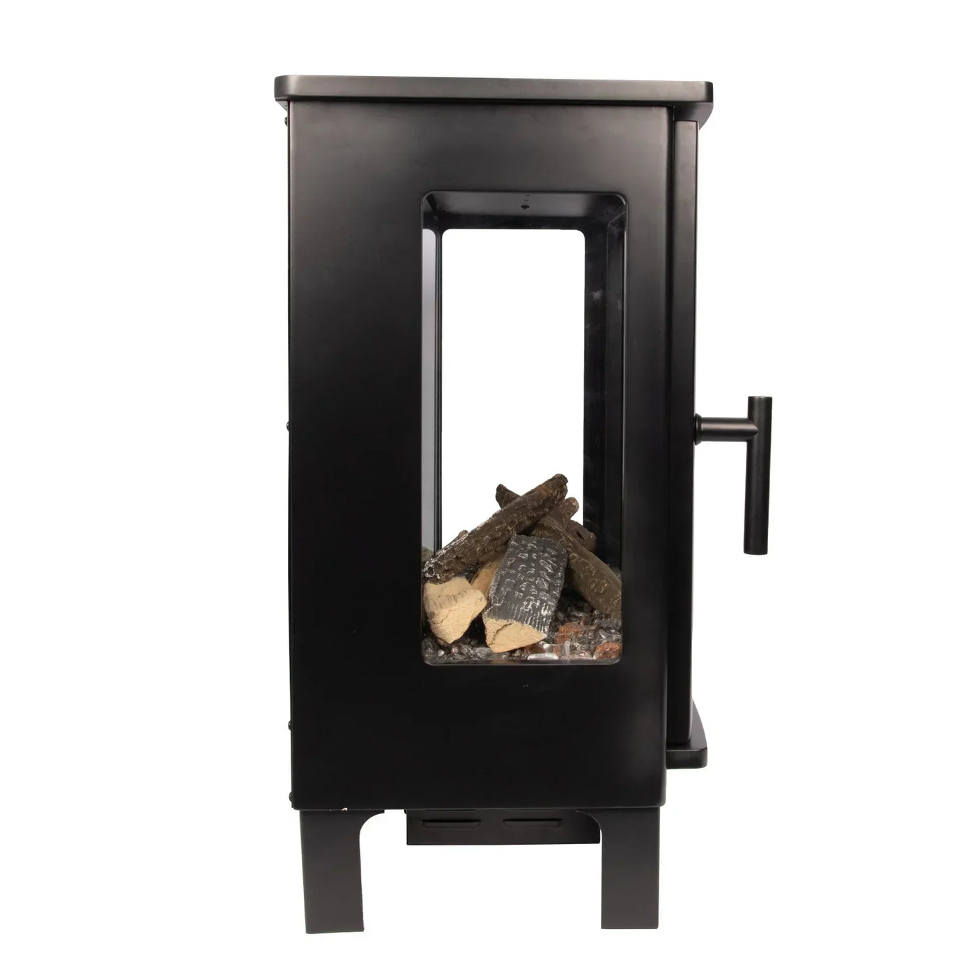 Black metal log burner stove side view with glass window and handle, logs inside