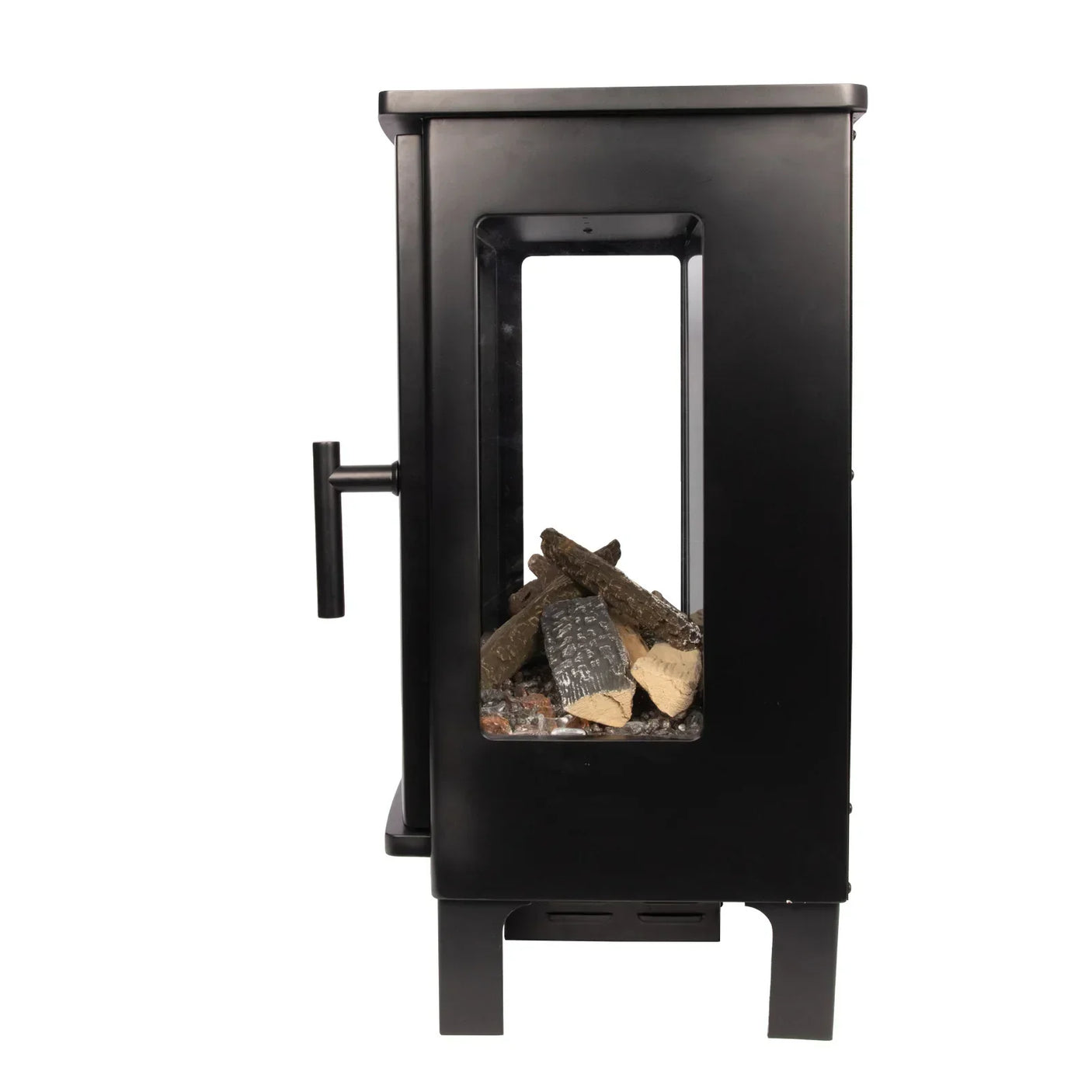 Black freestanding wood burning stove with side glass panel showing stacked firewood