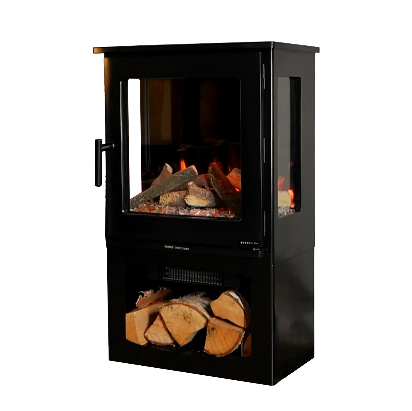 black wood burning stove with glass front and built-in log store