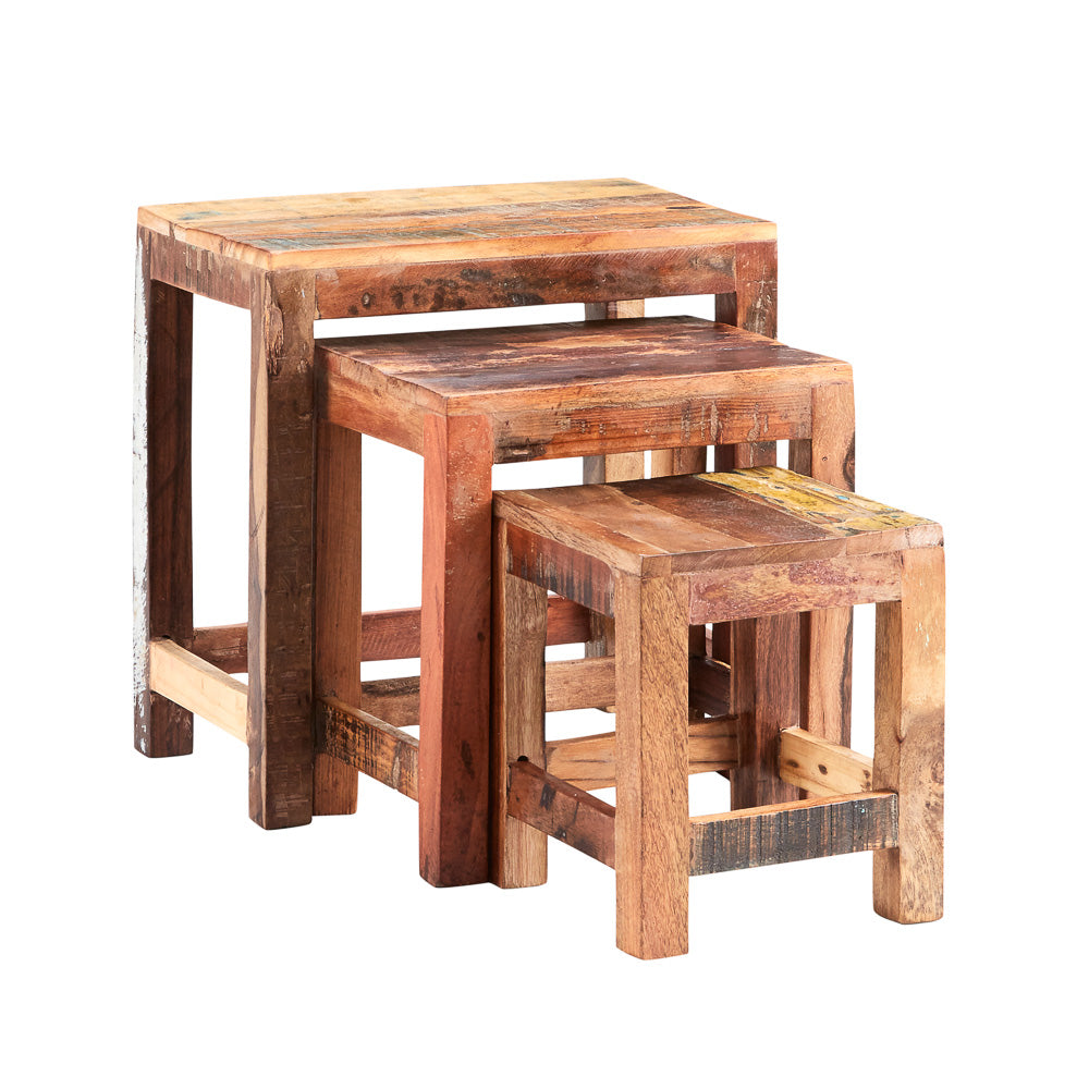 Coastal nest of 3 tables made from reclaimed wood, fully assembled