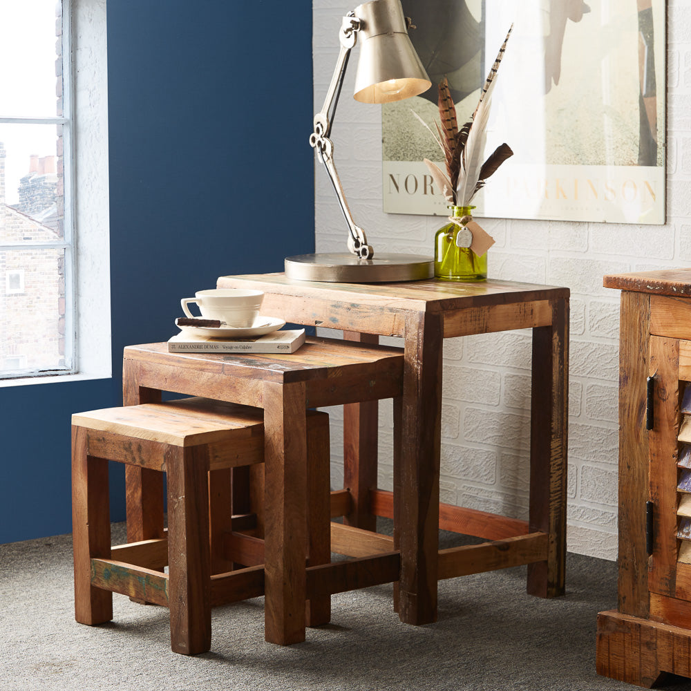 Coastal nest of 3 tables made from reclaimed wood, fully assembled