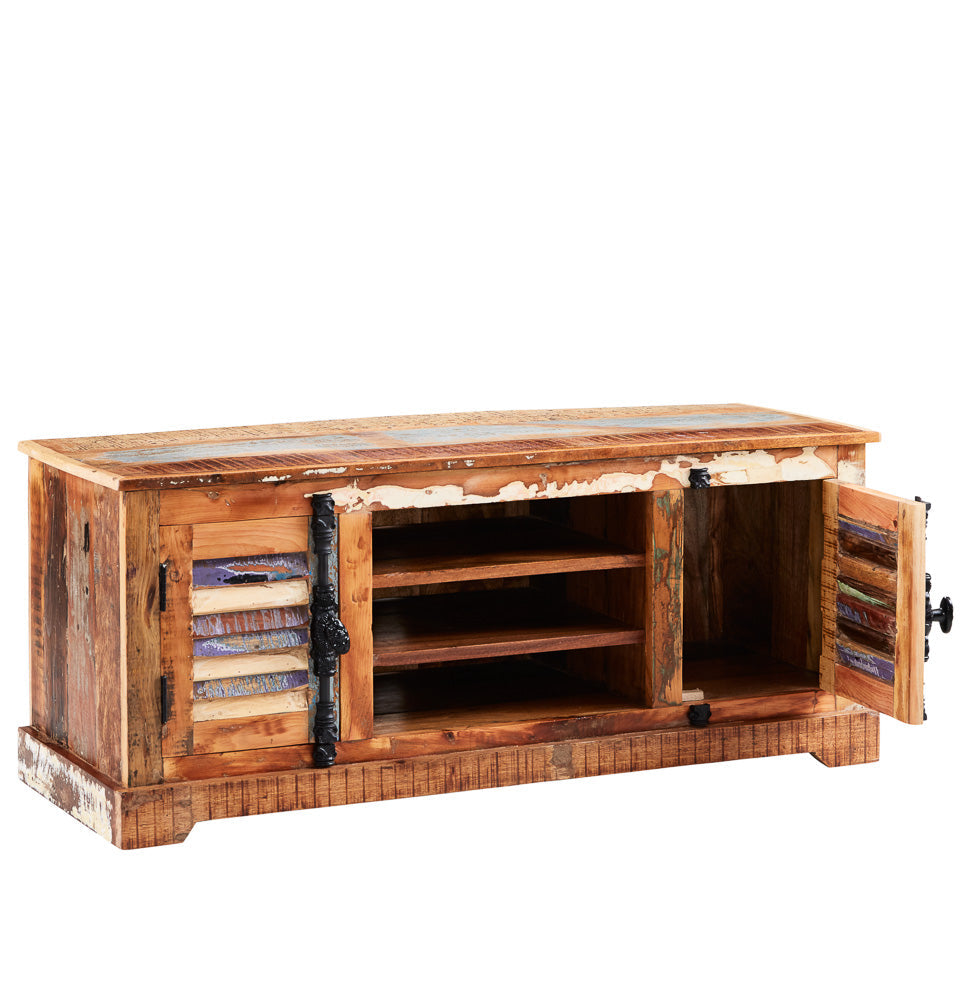 Coastal TV cabinet made from reclaimed wood, fully assembled and eco-friendly