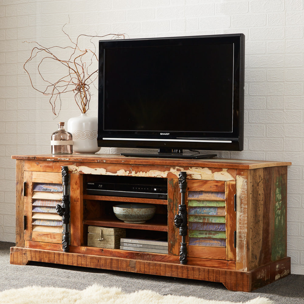 Coastal TV cabinet made from reclaimed wood, fully assembled and eco-friendly