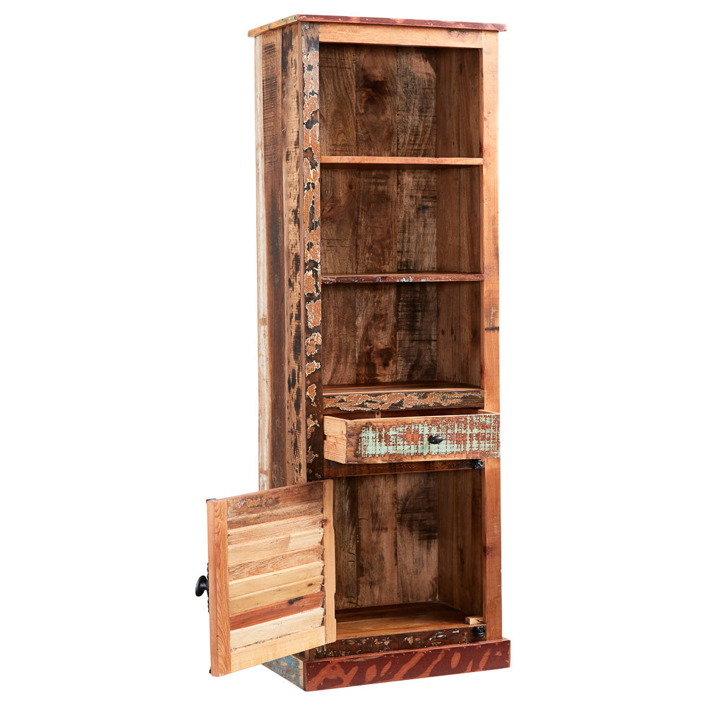 Coastal narrow bookcase made from reclaimed wood, fully assembled