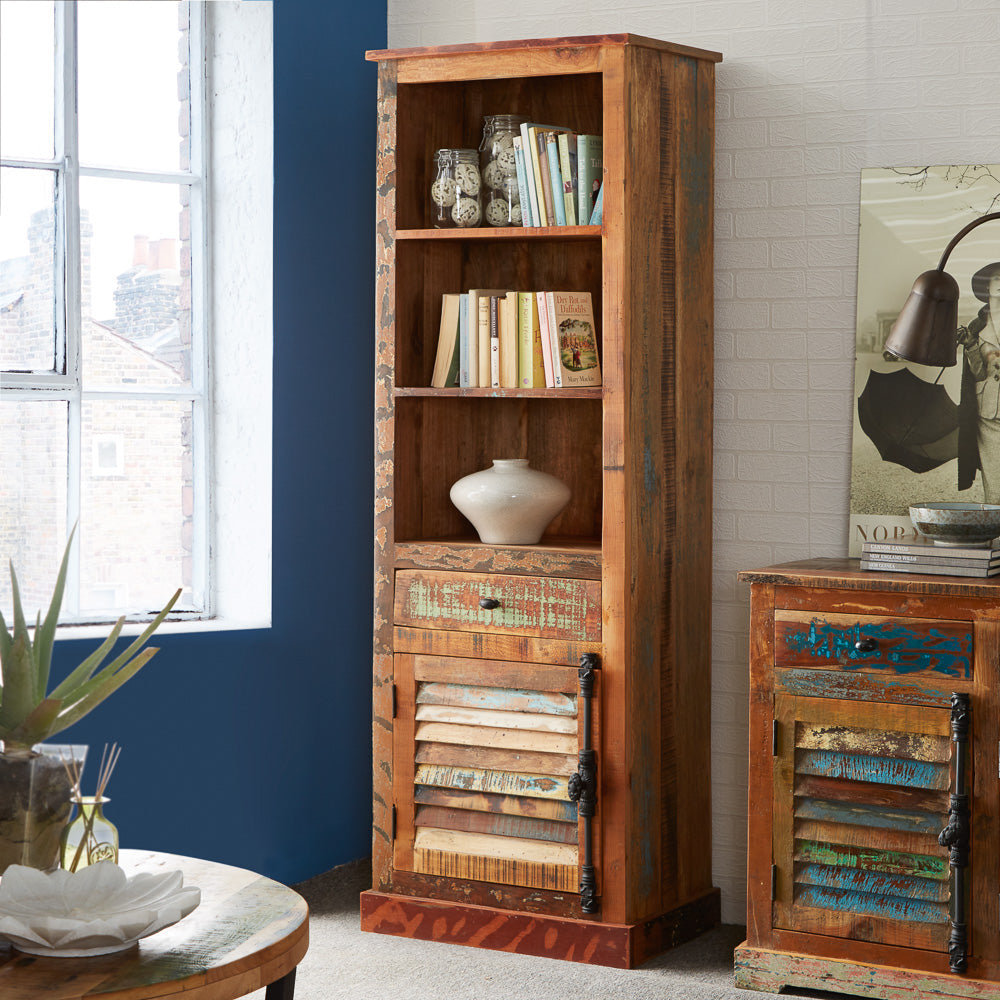 Coastal narrow bookcase made from reclaimed wood, fully assembled