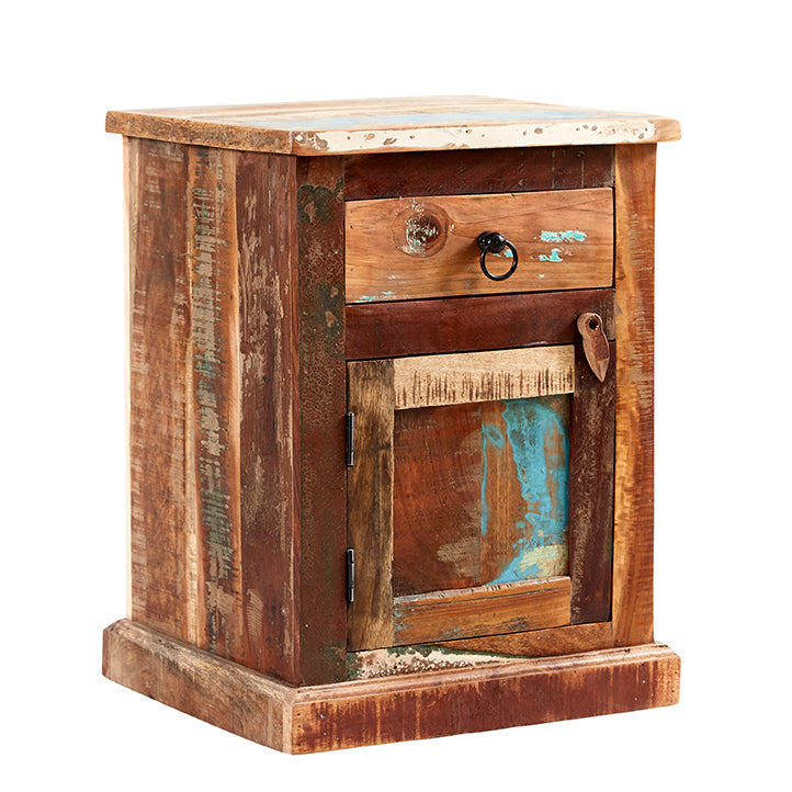 Coastal bedside table made from 100% reclaimed wood, fully assembled