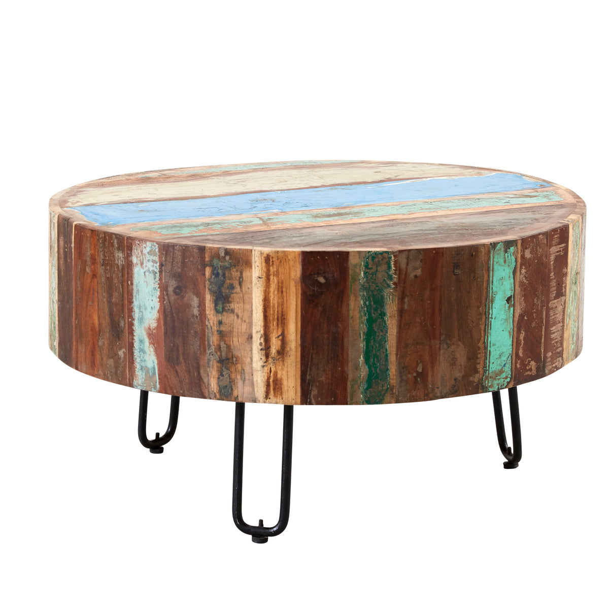 Coastal Drum Coffee Table made from reclaimed wood, fully assembled