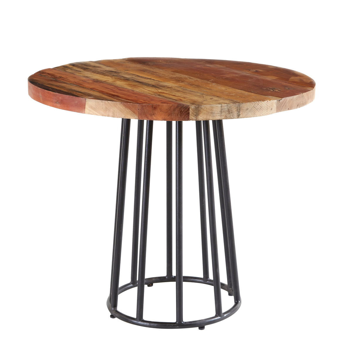Coastal round dining table made from reclaimed wood, fully assembled