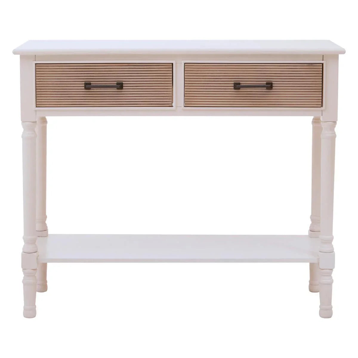 White console table with two ribbed wood drawers and lower shelf, front view