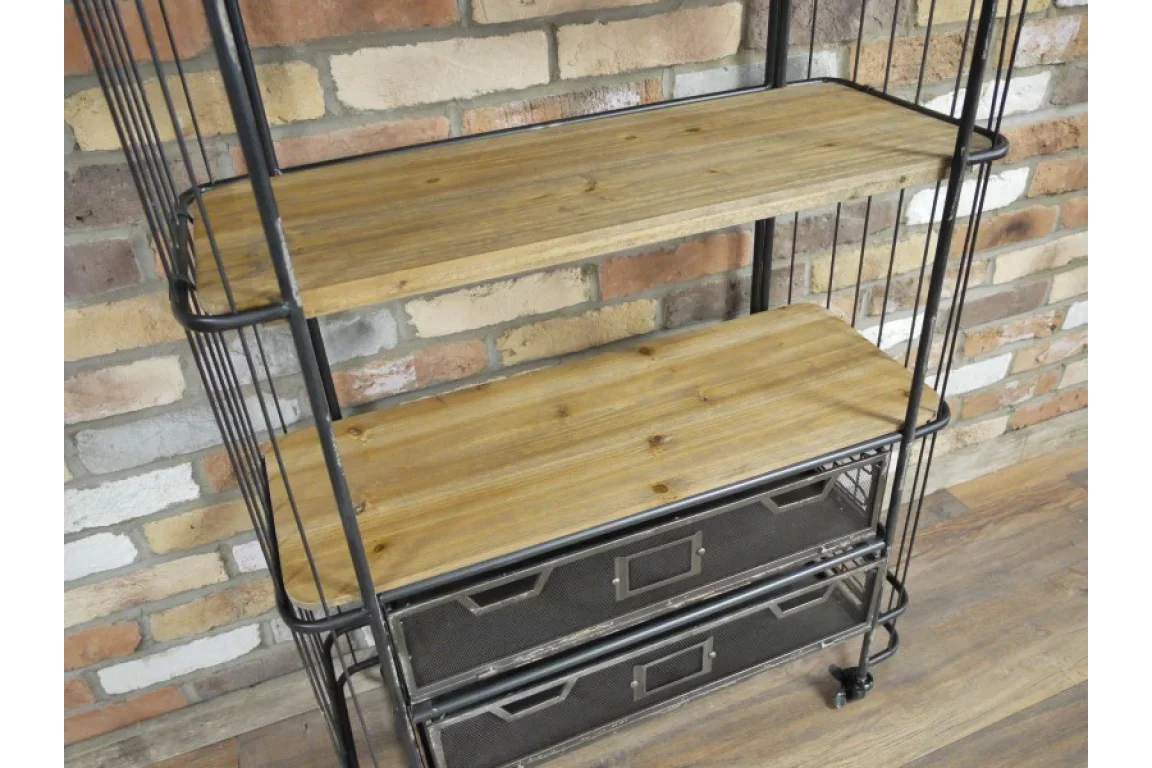Industrial shelving unit with wood shelves, black metal frame, and two mesh storage drawers