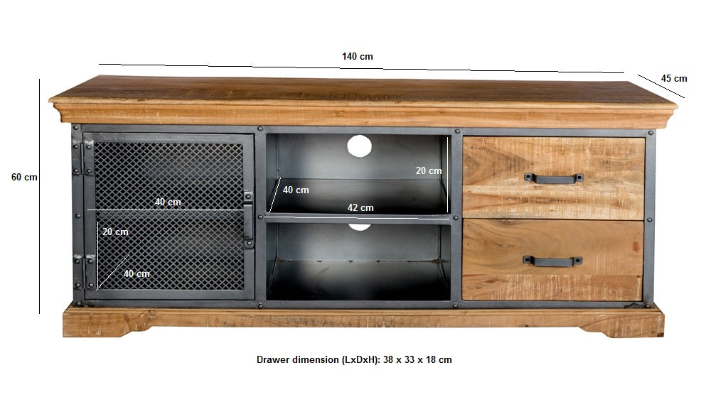 Metropolis Industrial TV media unit made of acacia wood with open shelves and drawers