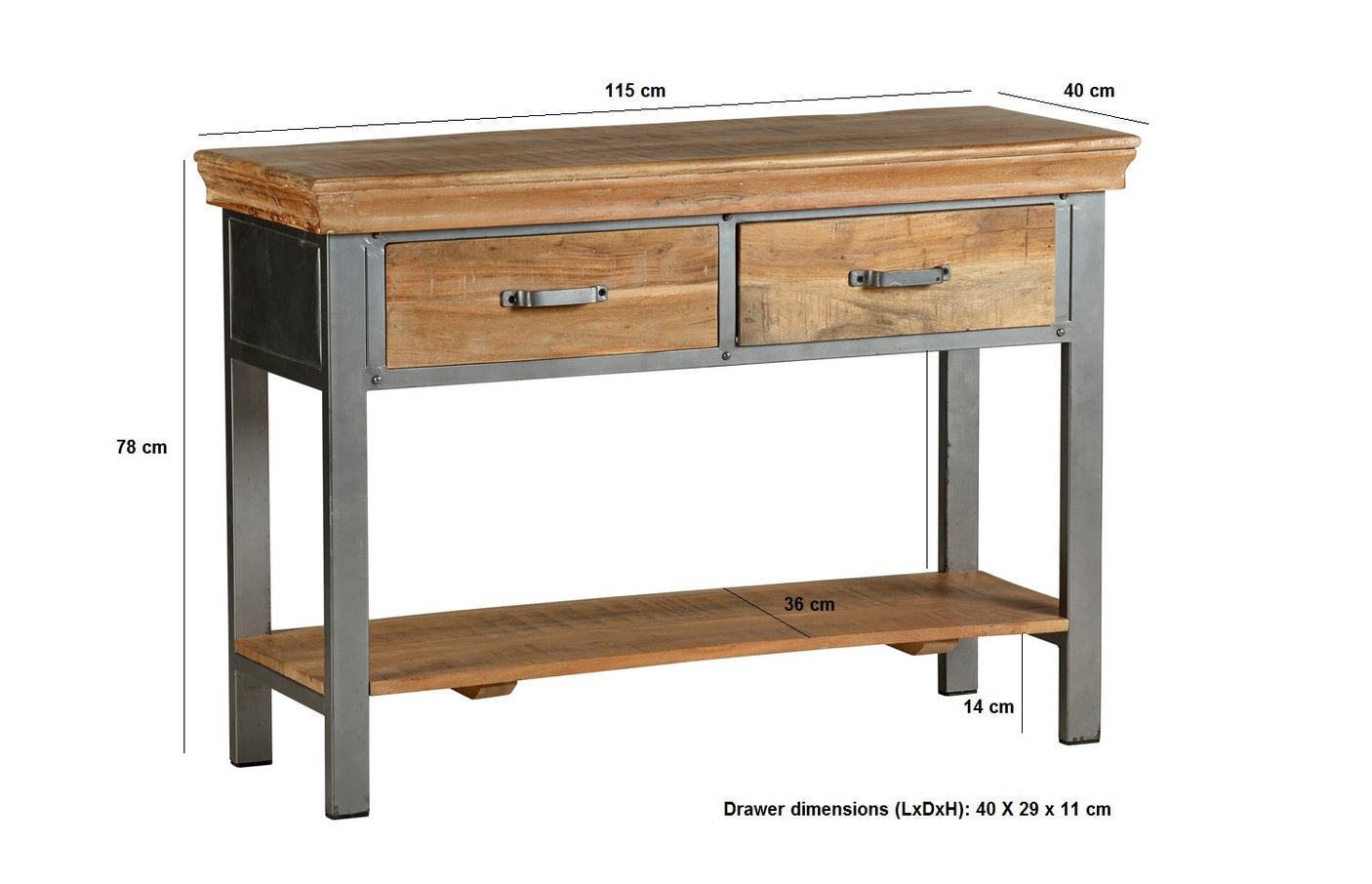 Metropolis Industrial 2 Drawer Console Table made of acacia wood