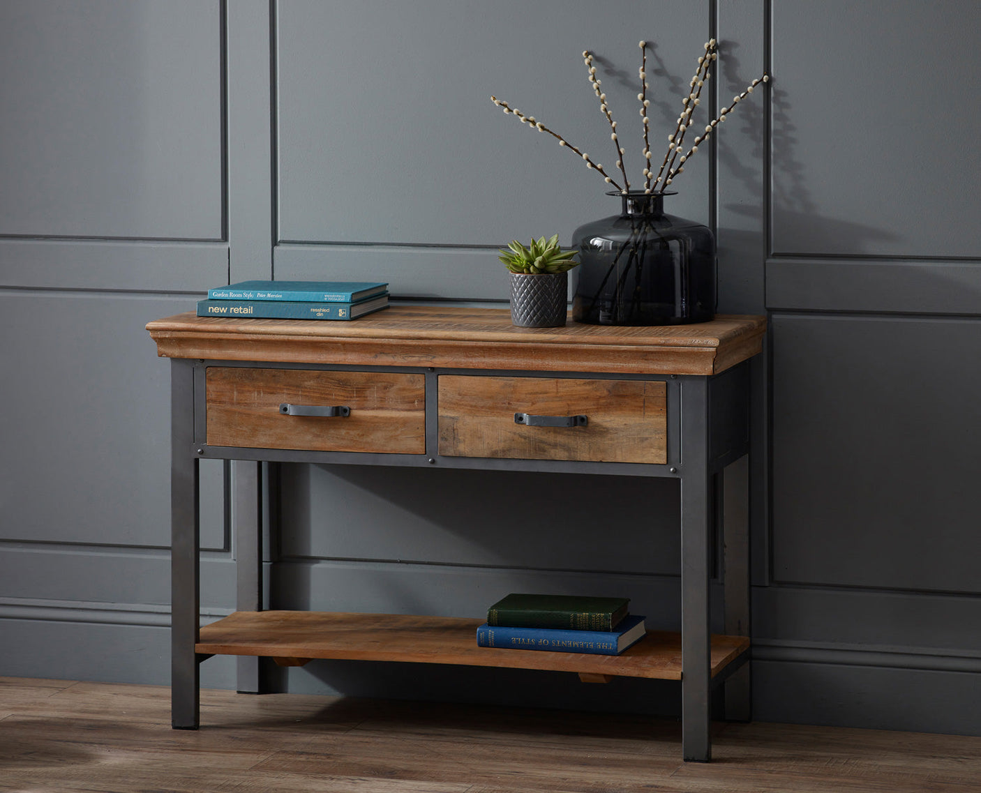 Metropolis Industrial 2 Drawer Console Table made of acacia wood