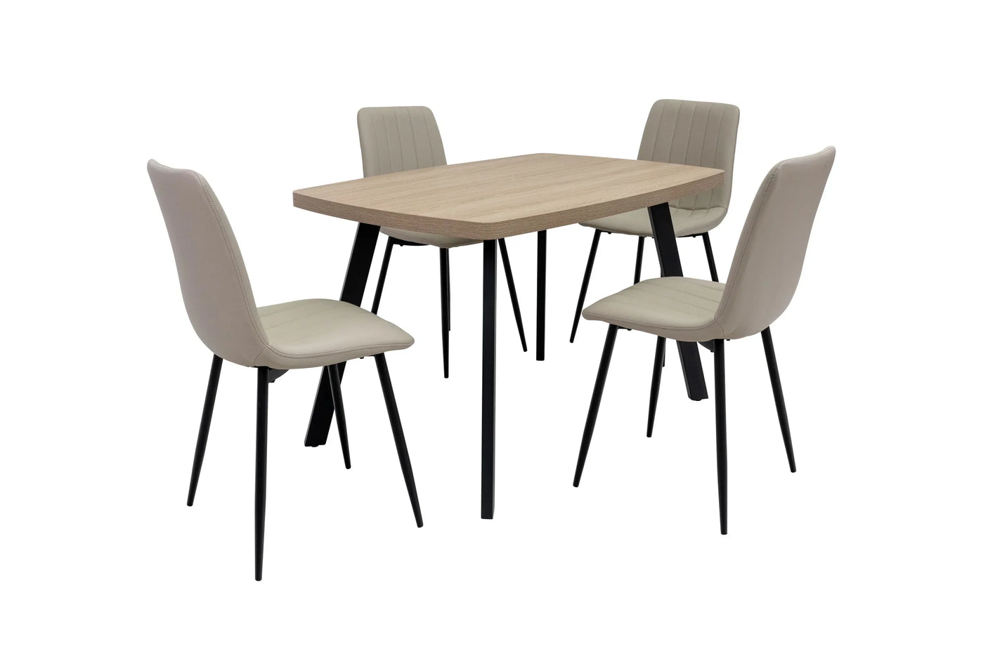 Rectangular oak dining table with four beige upholstered chairs and black metal legs