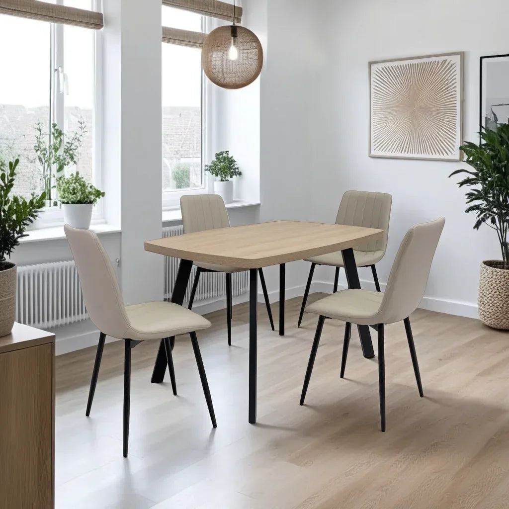 Beige dining chair with black metal legs around rectangular wooden dining table in modern room