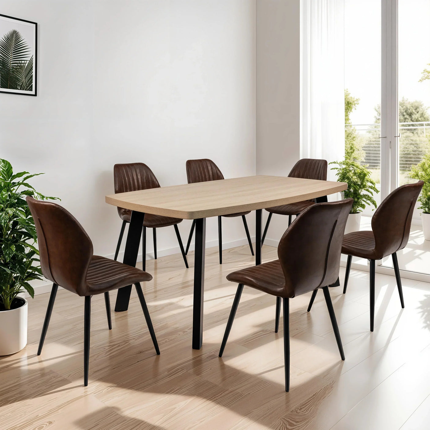 Wood dining table with black metal legs and six brown leather chairs in modern dining room