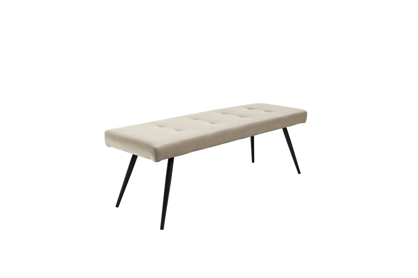 Beige upholstered bench with tufted seat and black metal legs, angled side view